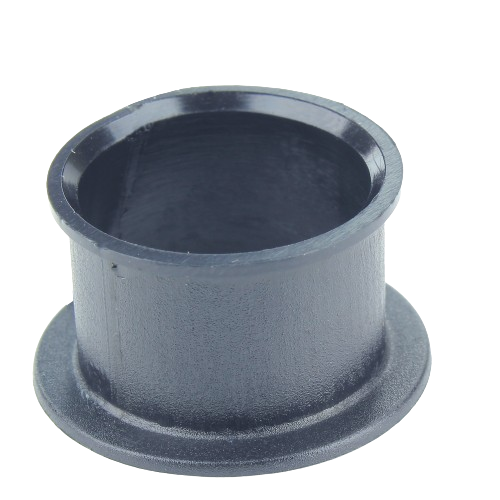 Black cylindrical plastic bushing with flange edge designed for durable equipment and machinery use in home improvement tasks