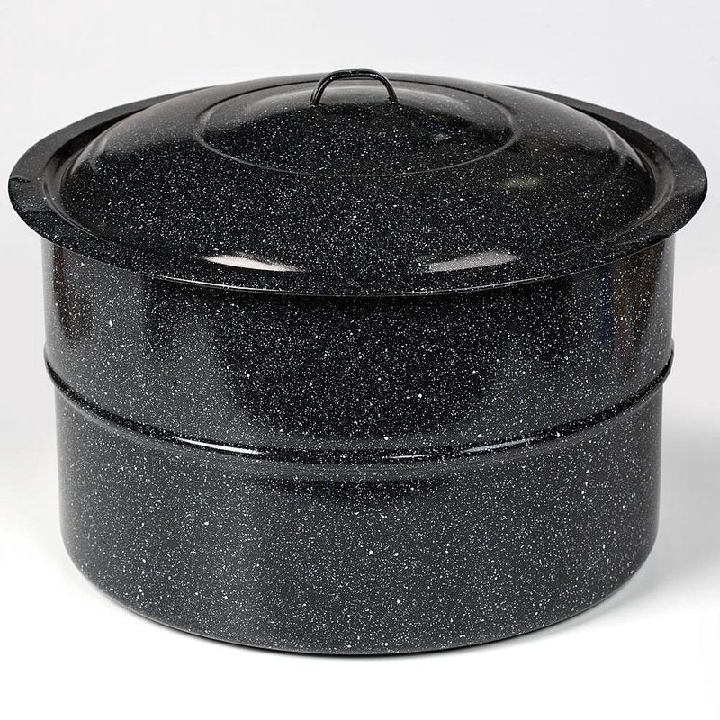 Black speckled enamel steel preserving canner pot with lid designed for home kitchen and food preservation use