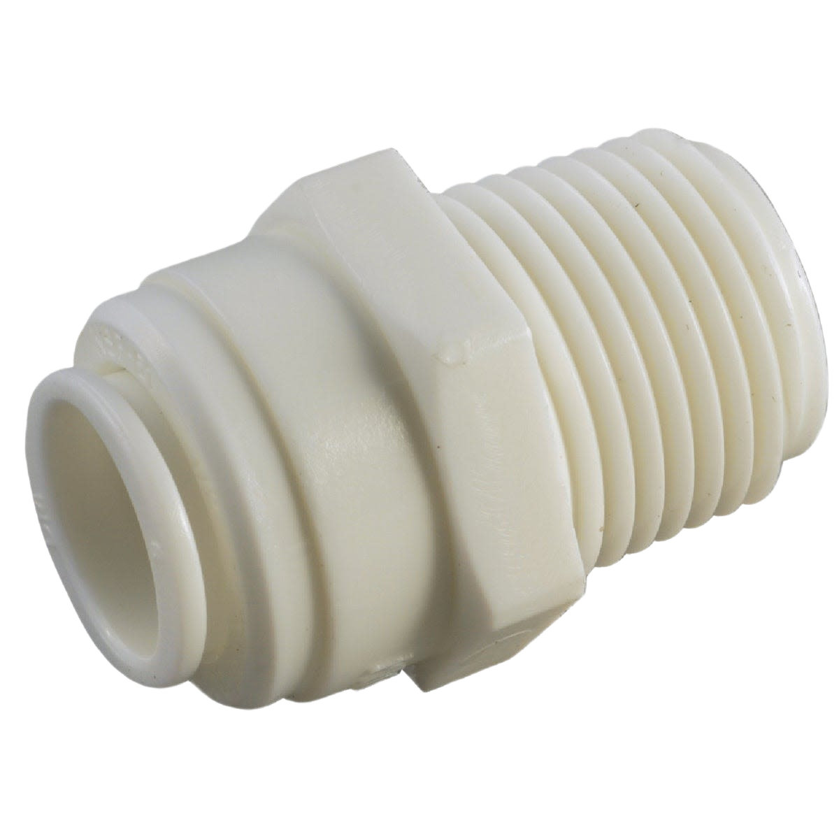 White plastic push-in connector with threaded fitting for plumbing and pipe applications in home improvement collections