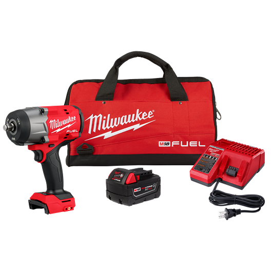 Cordless red and black high torque impact wrench kit with battery, charger, and red carrying bag for tools use