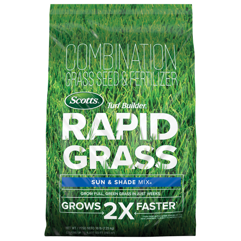 Green bag of Scotts Turf Builder Rapid Grass combination seed and fertilizer for sun and shade lawn areas