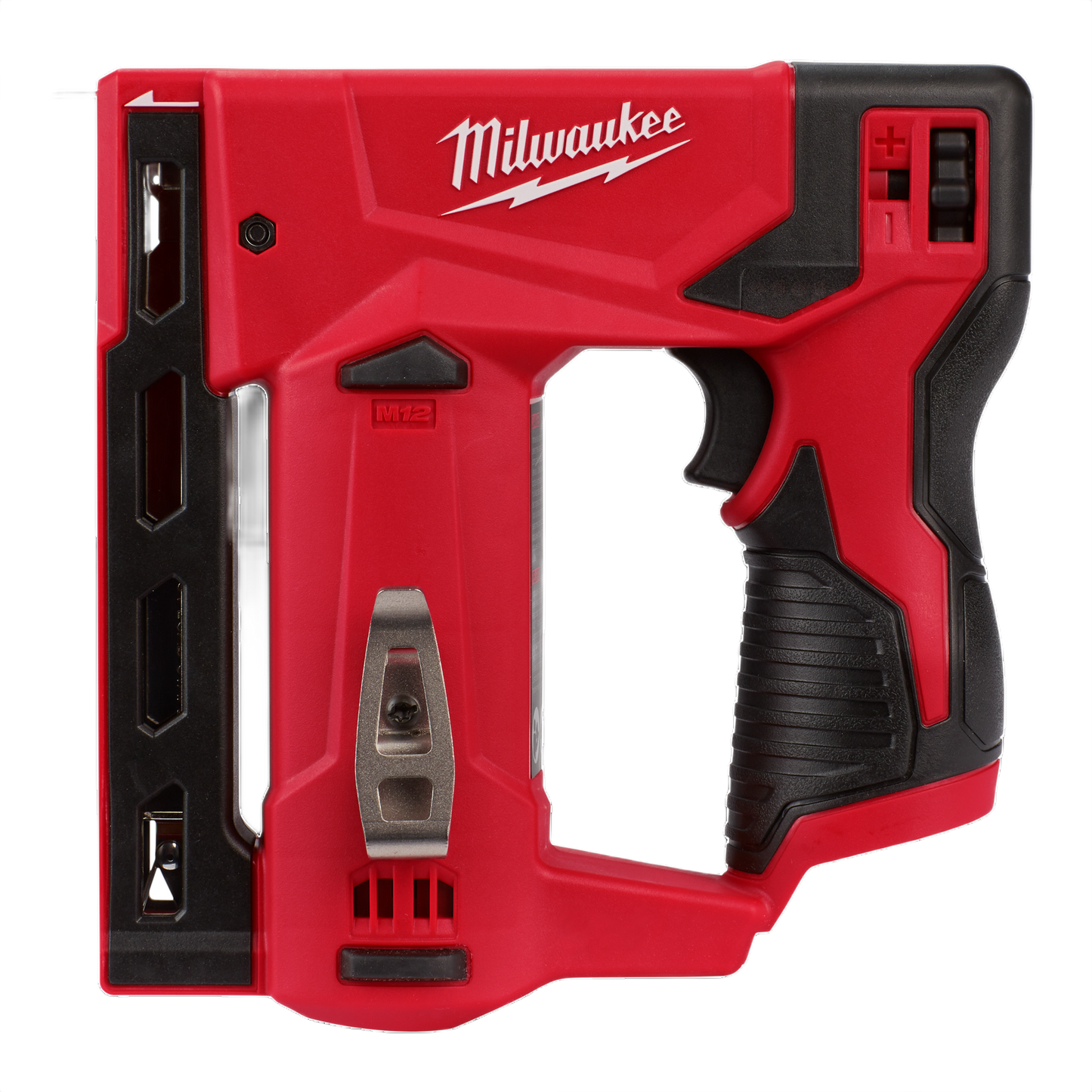 Red and black cordless stapler with ergonomic grip and adjustable settings for home improvement and tool projects