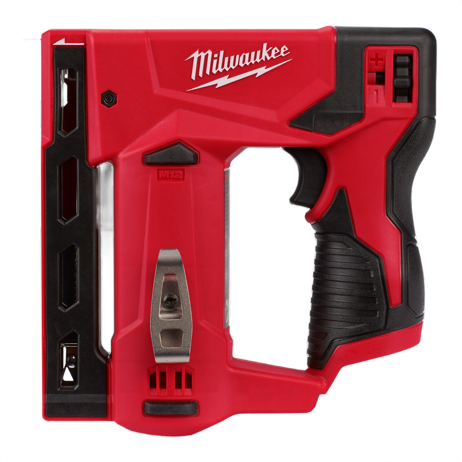 Red and black cordless stapler with ergonomic grip and adjustable settings for home improvement and tool projects