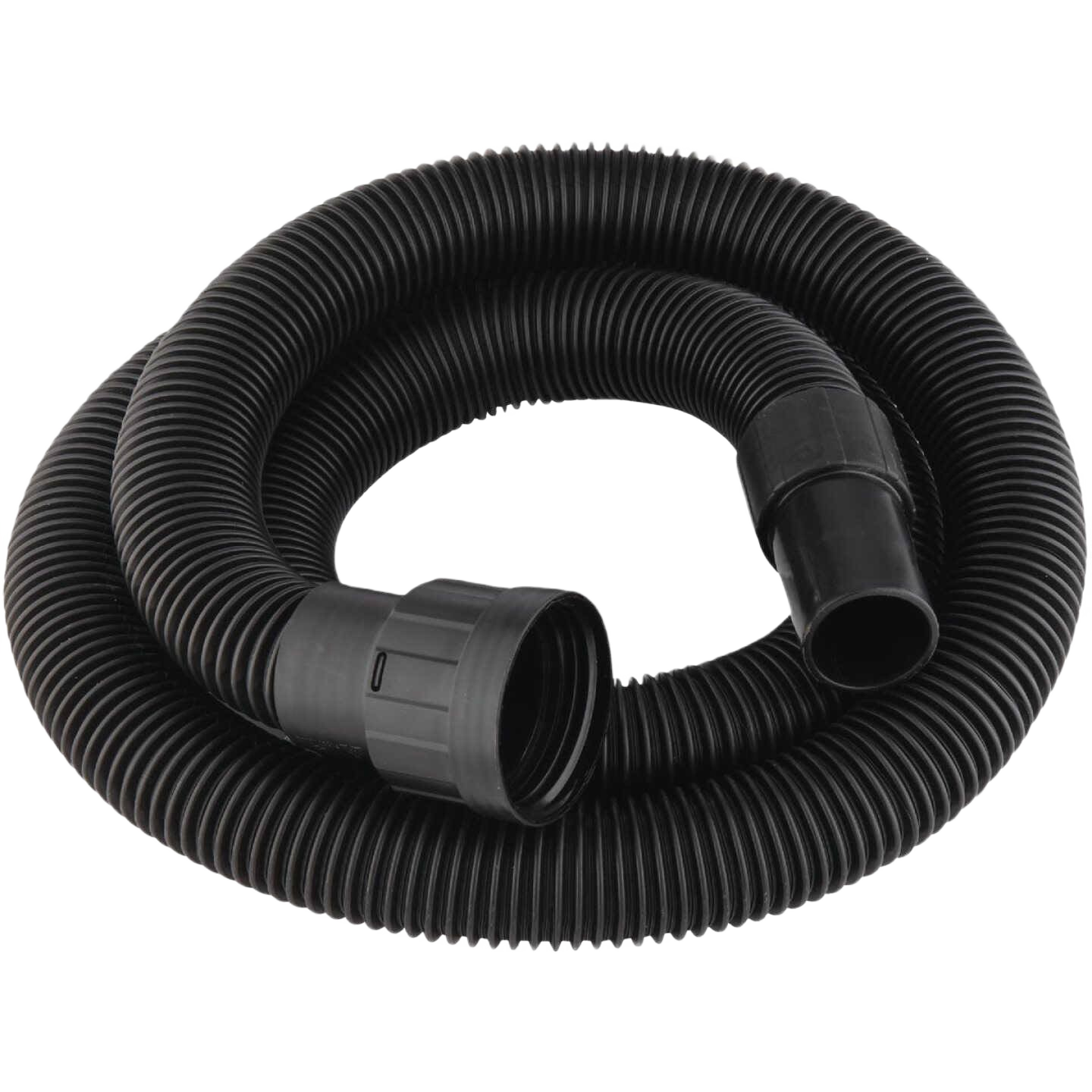 Flexible black vacuum hose with threaded connectors for use with contractor wet/dry vacuum and home improvement tools