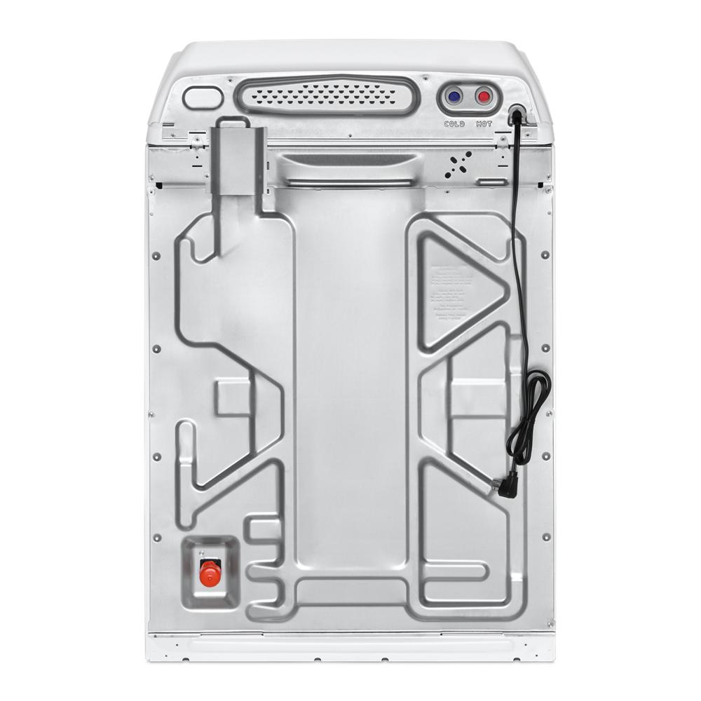 Rear view of a top load washer showing water inlet ports, power cord, and metal back panel for home laundry use