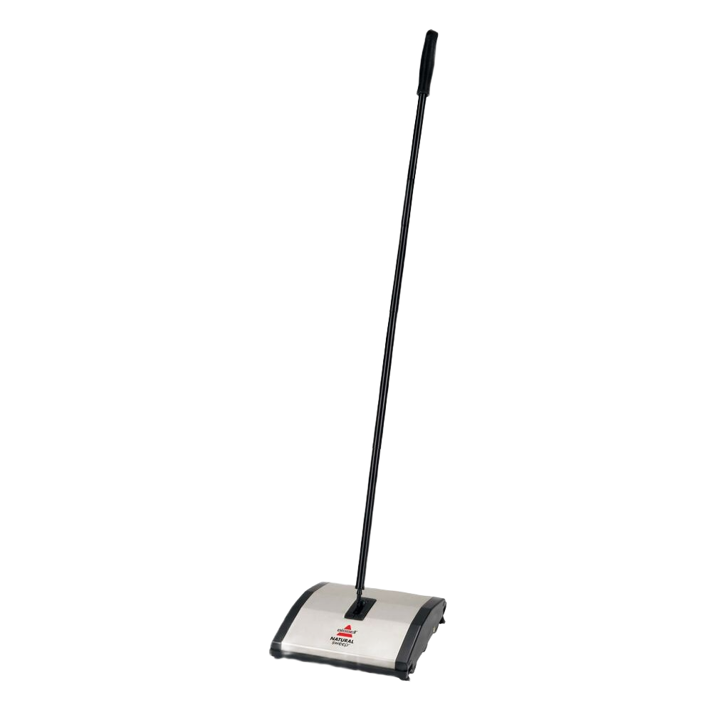 Compact floor sweeper with long black handle and silver base designed for quick carpet and hard floor cleaning