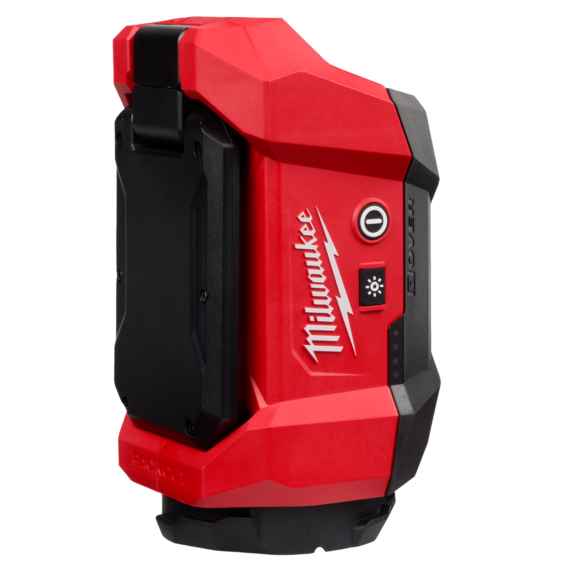 Red and black Milwaukee multi-directional flood light with adjustable settings, suited for work lights and Milwaukee PACKOUT™ tool systems at Hartville Hardware.