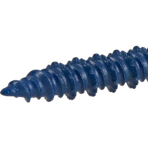 Close-up of a blue coated threaded fastener tip for use in hardware, lumber, and home improvement projects under $50