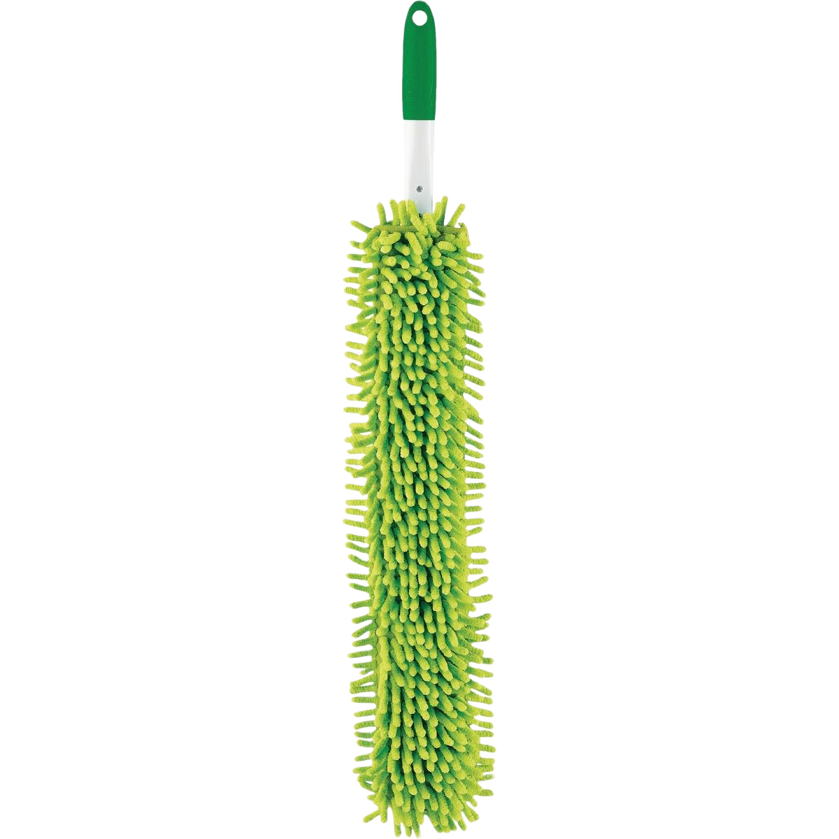 Flexible microfiber wand duster with green chenille fibers and ergonomic handle for home improvement cleaning tasks