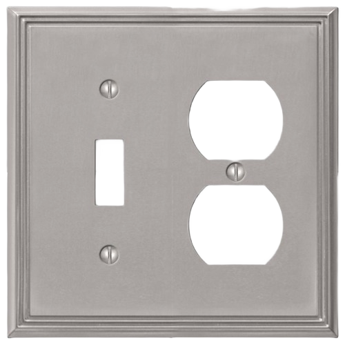 Brushed nickel metal wallplate with one toggle switch and one duplex outlet for electrical and wall plates collections