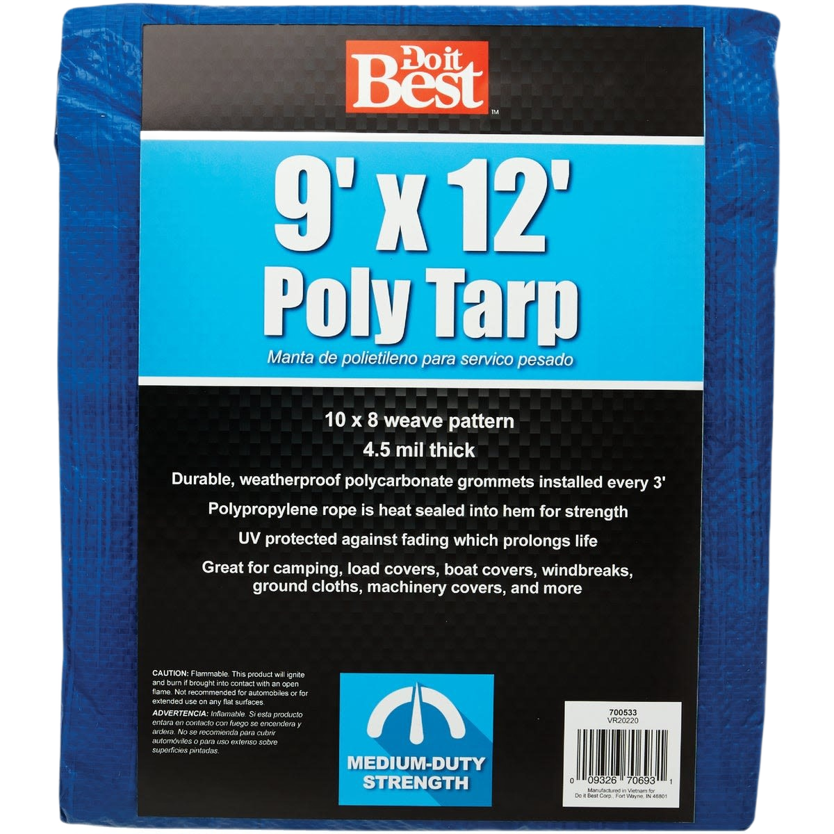 Blue medium-duty tarp with reinforced edges and polycarbonate grommets for tools and home improvement use