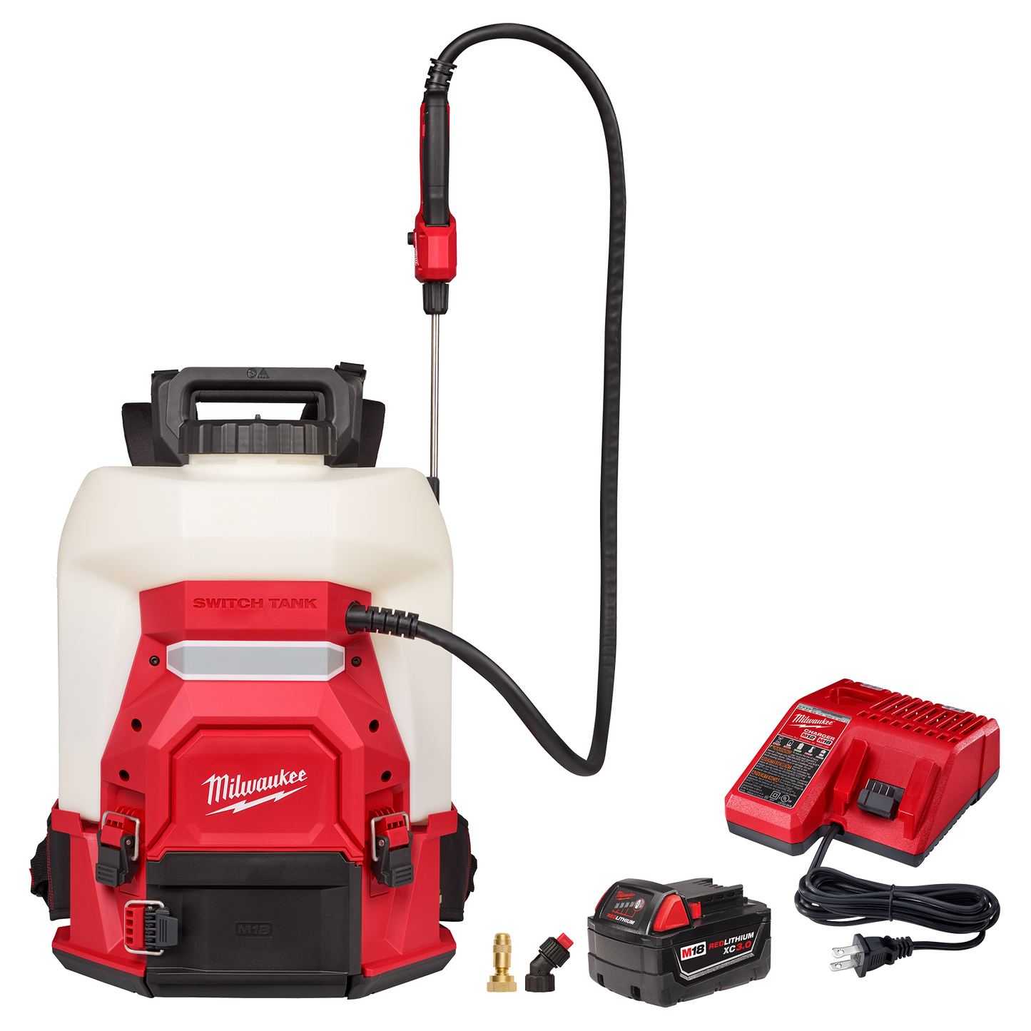 Red and white backpack sprayer kit with hose, battery pack, charger, and nozzle for tools and home improvement tasks