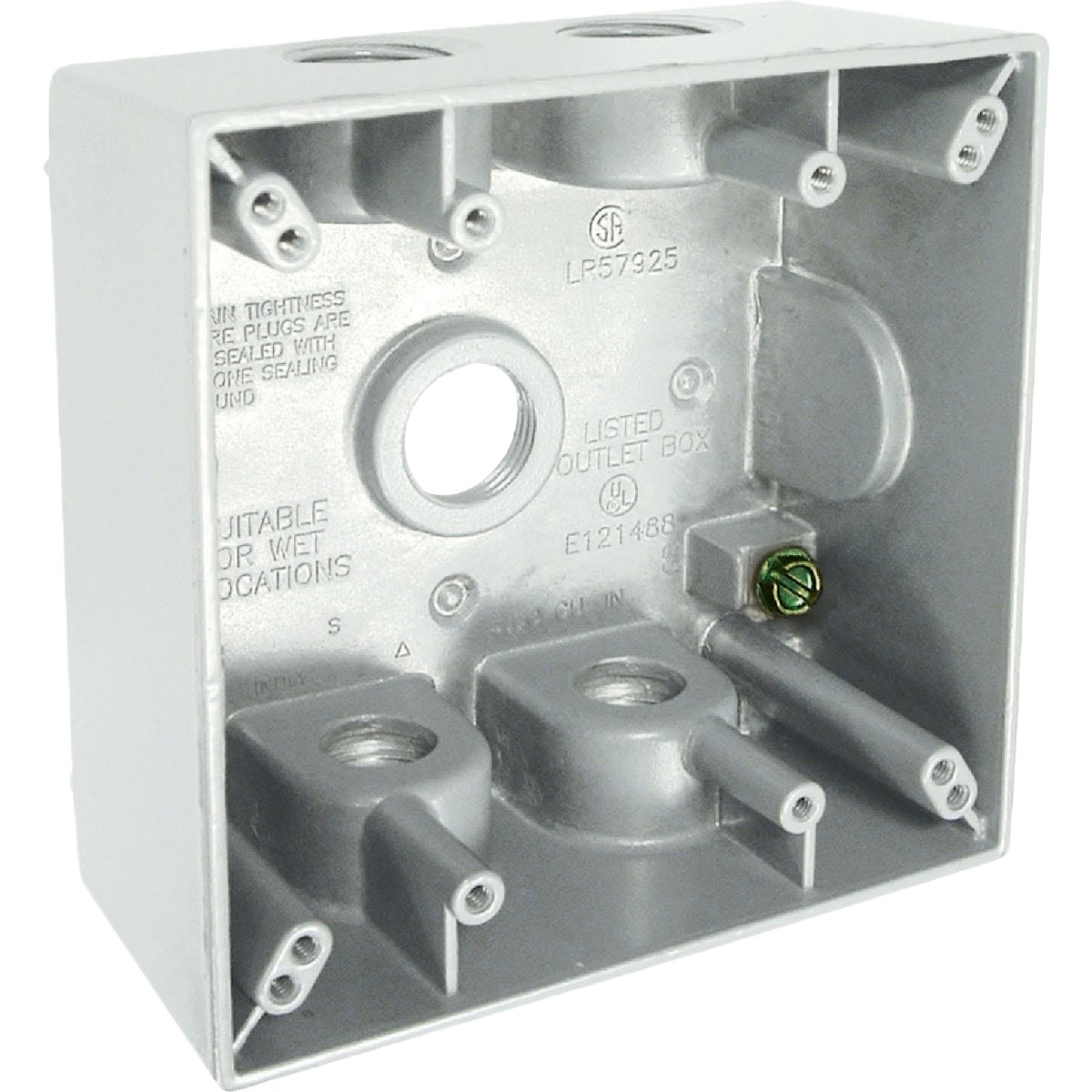 White weatherproof outdoor electrical outlet box with five openings and metal grounding screw for home improvement