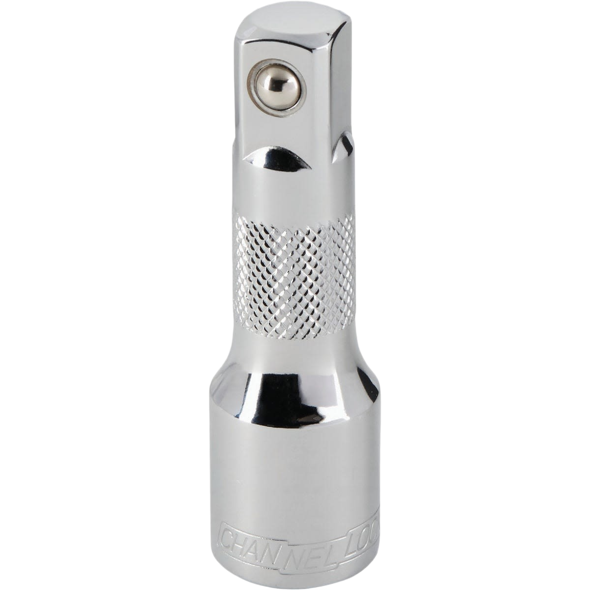 Chrome finish 3-inch socket extension with textured grip band for use with 1/2 inch drive hand tools