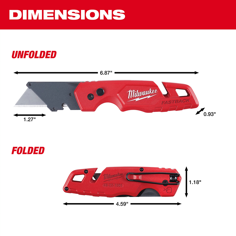 Red Milwaukee FASTBACK™ folding utility knife showing unfolded and folded dimensions for woodworking and home improvement tools