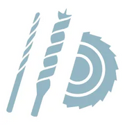 Blue and gray simplified icons of a drill bit, auger bit, and circular saw blade representing tools for home improvement and woodworking tasks.