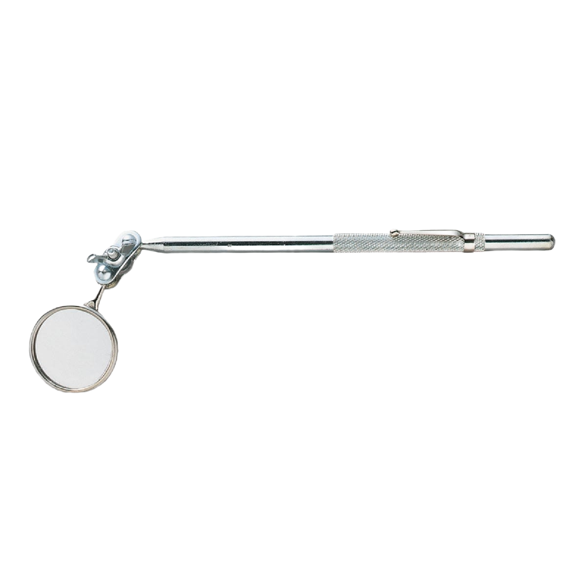 Extendable metal tool with small round mirror head for inspecting hard-to-see areas in home improvement projects