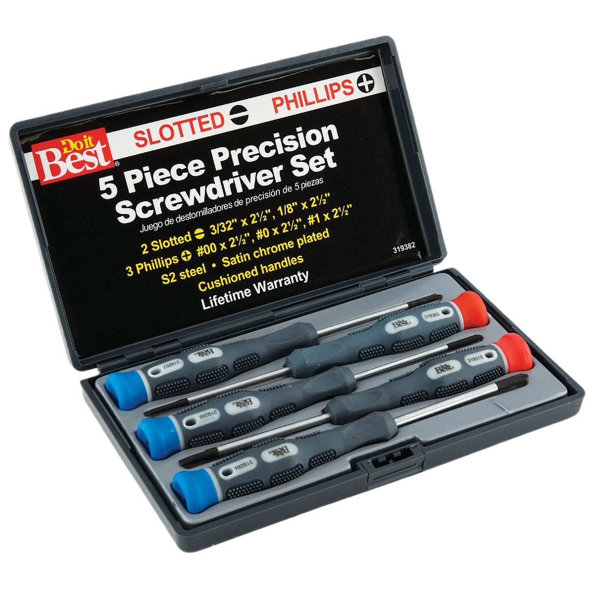 Compact 5-piece precision screwdriver set with cushioned handles and satin chrome-plated steel for tools and home improvement tasks