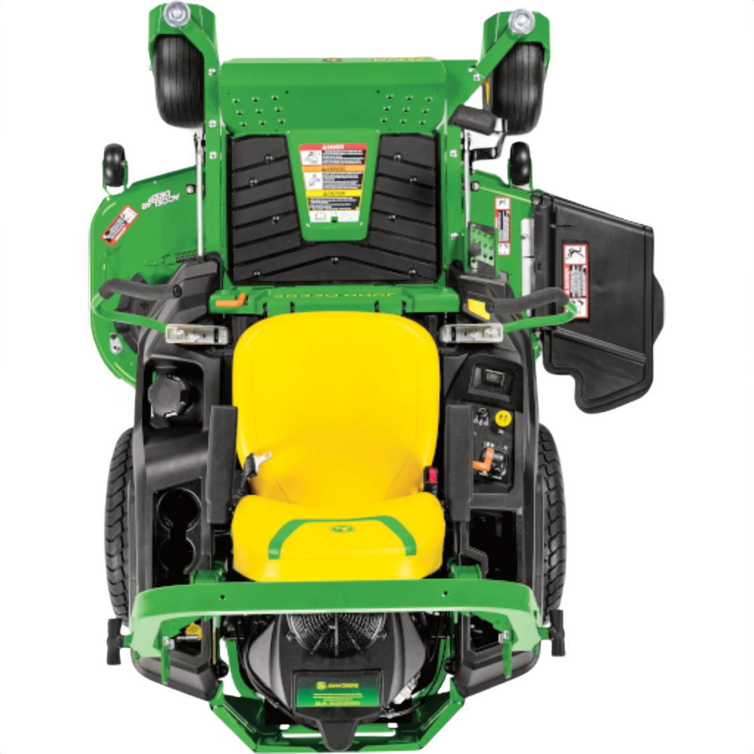 Top-down view of green and yellow John Deere Ztrak mower with 48-inch cutting deck for home improvement tasks