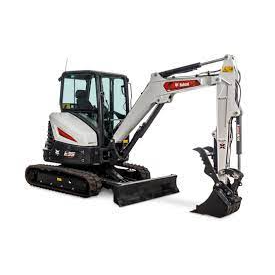 Compact enclosed mini-excavator with rubber tracks and hydraulic arm, part of Rental Equipment for landscaping and construction at Hartville Hardware.