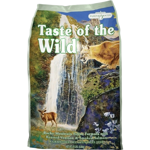 Bag of grain-free cat food featuring Rocky Mountain venison and smoked salmon flavor with wildlife and waterfall artwork