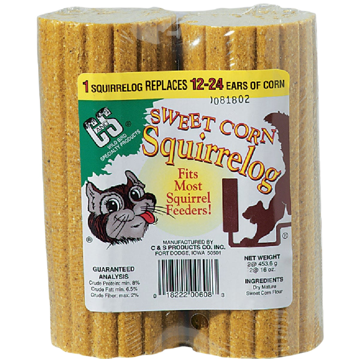 Two-pack replacement squirrel logs made from sweet corn for use with squirrel feeders in home improvement projects