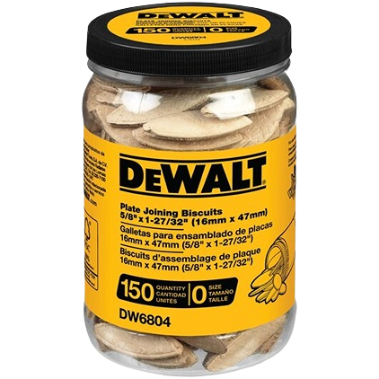 Container of compressed beech plate joining biscuits for woodworking tool accessories and home improvement projects