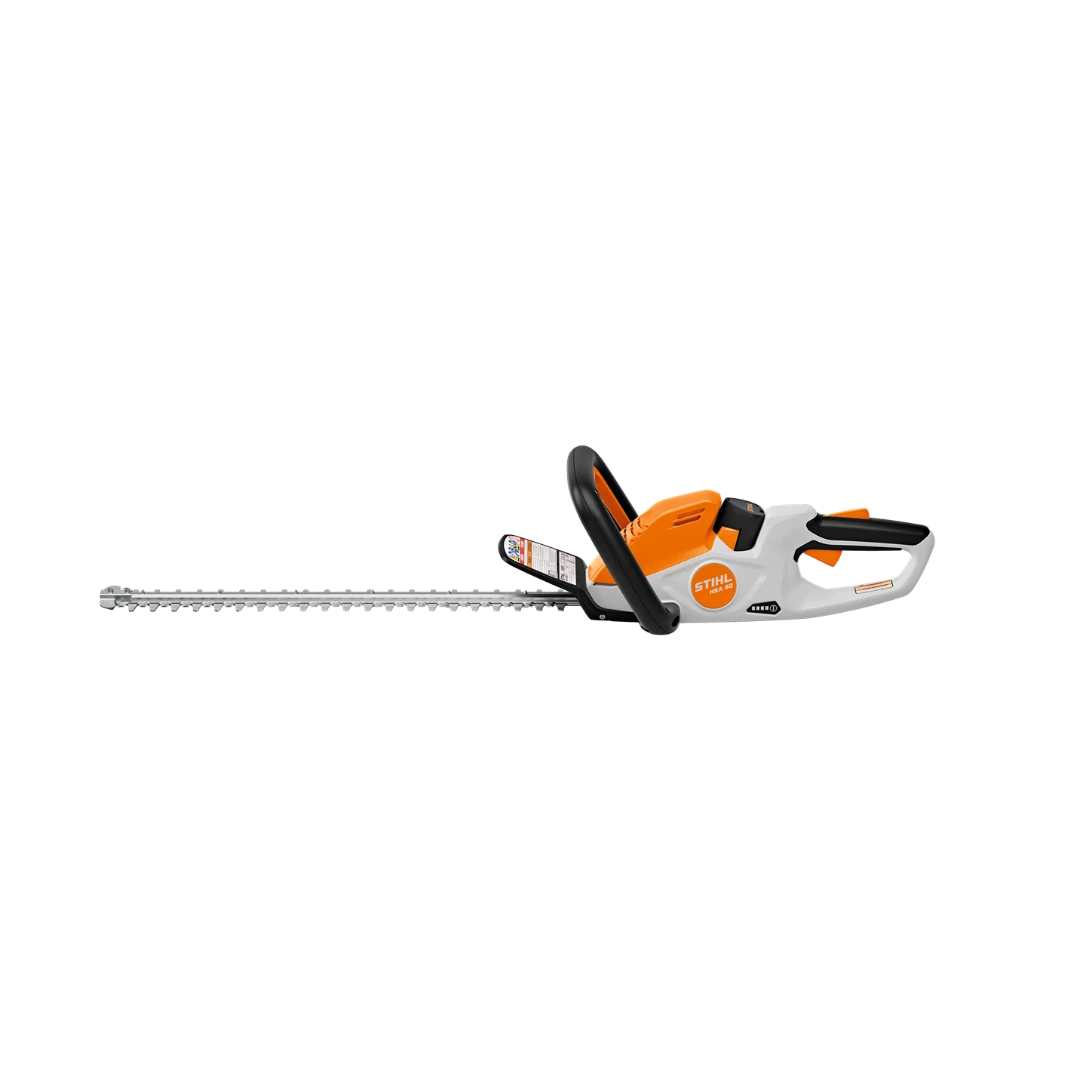 Orange and white battery-powered hedge trimmer with 20-inch dual-action blade for home improvement and landscaping tasks