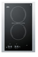 15-inch radiant cooktop with two burners and dual knobs on black glass surface for home improvement use