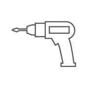 Outline-style gray line drawing of a cordless power drill with an attached screwdriver bit facing left on a white background.