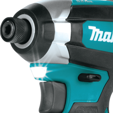 Close-up of compact teal and black brushless impact driver with LED light for precision home improvement tasks