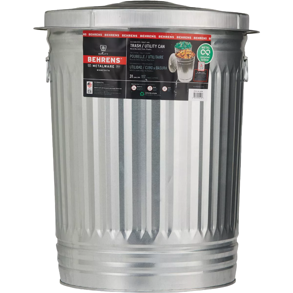 Galvanized steel trash can with corrugated sides and wire-reinforced rim for waste baskets and cleaning under $50 collection