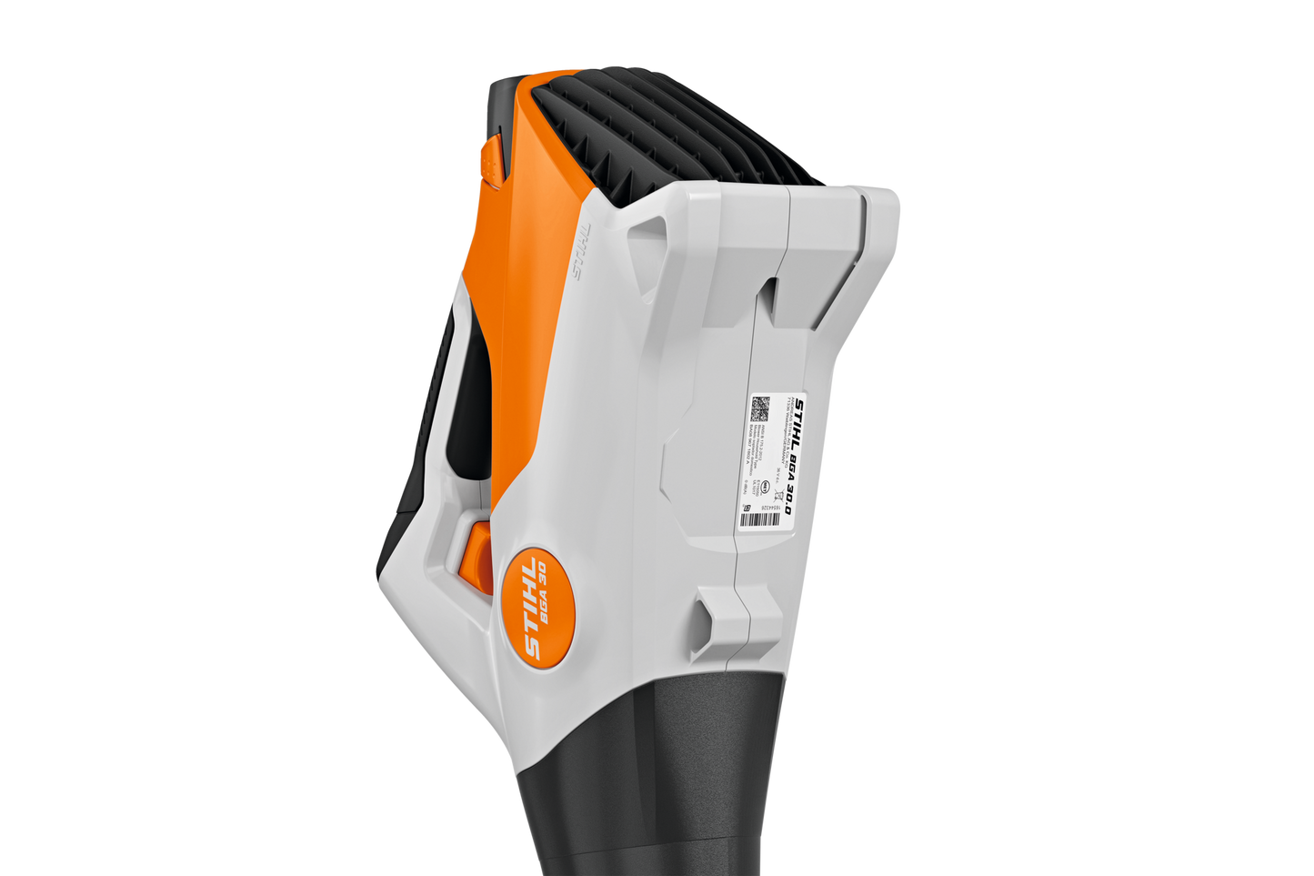 Compact orange and white STIHL battery-powered blower handle with ergonomic grip for home improvement tools and yard tasks
