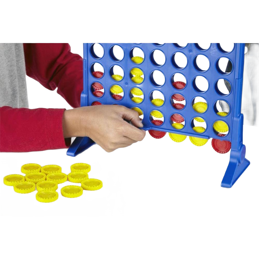 Hand placing red disc into blue Connect 4 grid with scattered yellow discs in toys and board games under $50 collection