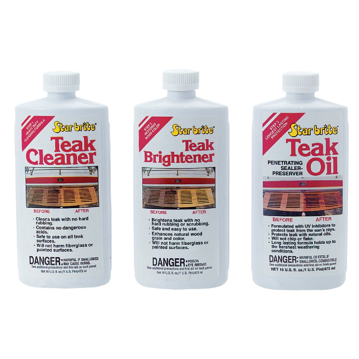 Three 16 oz. Starbrite teak cleaning and finishing solutions for outdoor wood care under $100 collections