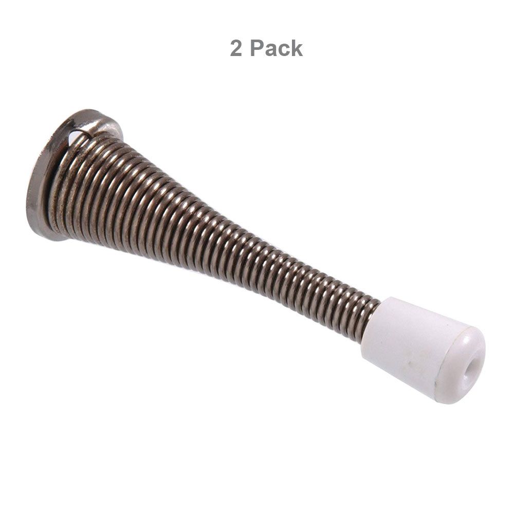 Set of two pewter-finish spring door stops with broad base and white rubber tip for door accessories under $50