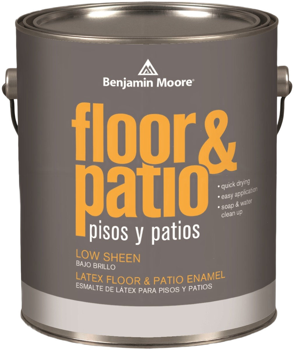 One gallon can of low sheen latex floor and patio enamel from Benjamin Moore in specialty paint and sealers collections