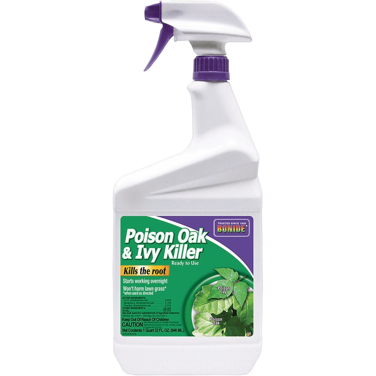 White spray bottle with purple trigger labeled for poison oak and ivy removal in lawn care under $50 collection