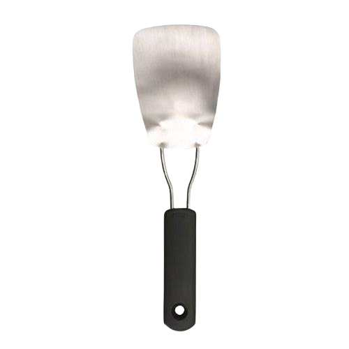 Large stainless steel turner with flexible blade and black ergonomic handle for kitchen utensils and cooking gadgets collections