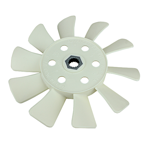 White plastic transmission cooling fan with multiple curved blades for improved airflow in mechanical systems