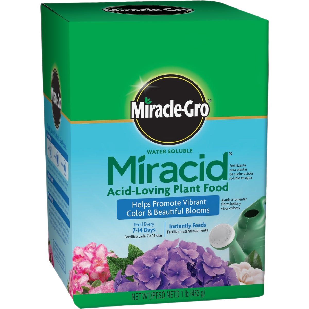 Green box of Miracle-Gro Miracid water soluble plant food for acid-loving plants in lawn and garden collections