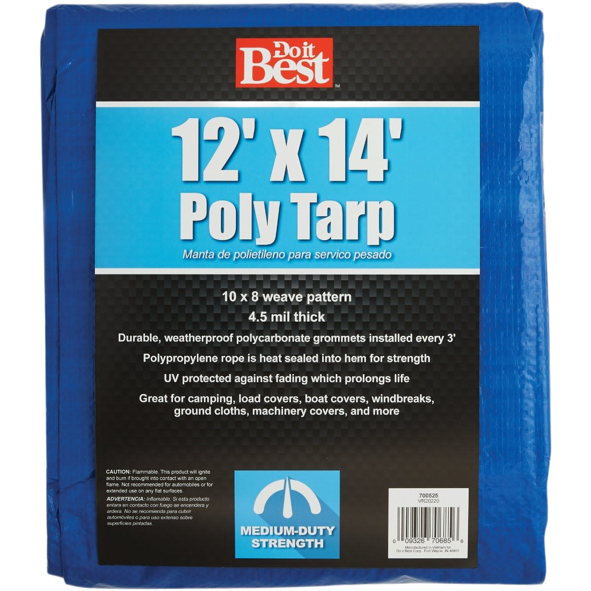 Blue medium-duty polyethylene tarp with reinforced edges and weatherproof polycarbonate grommets for outdoor use