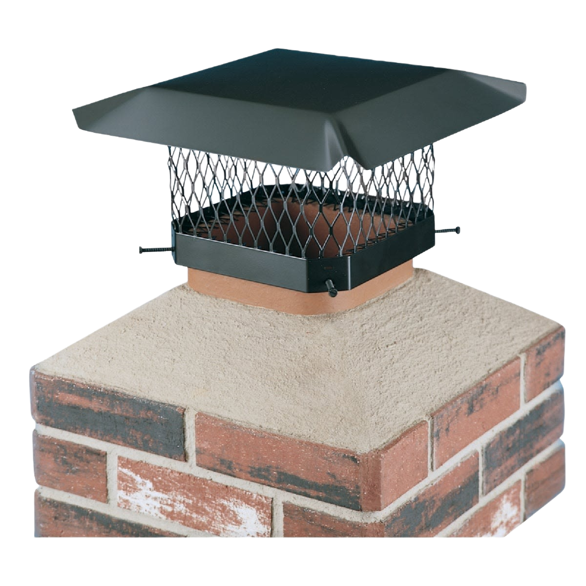 Black steel chimney cap with mesh screen installed on brick chimney for plumbing and home improvement use