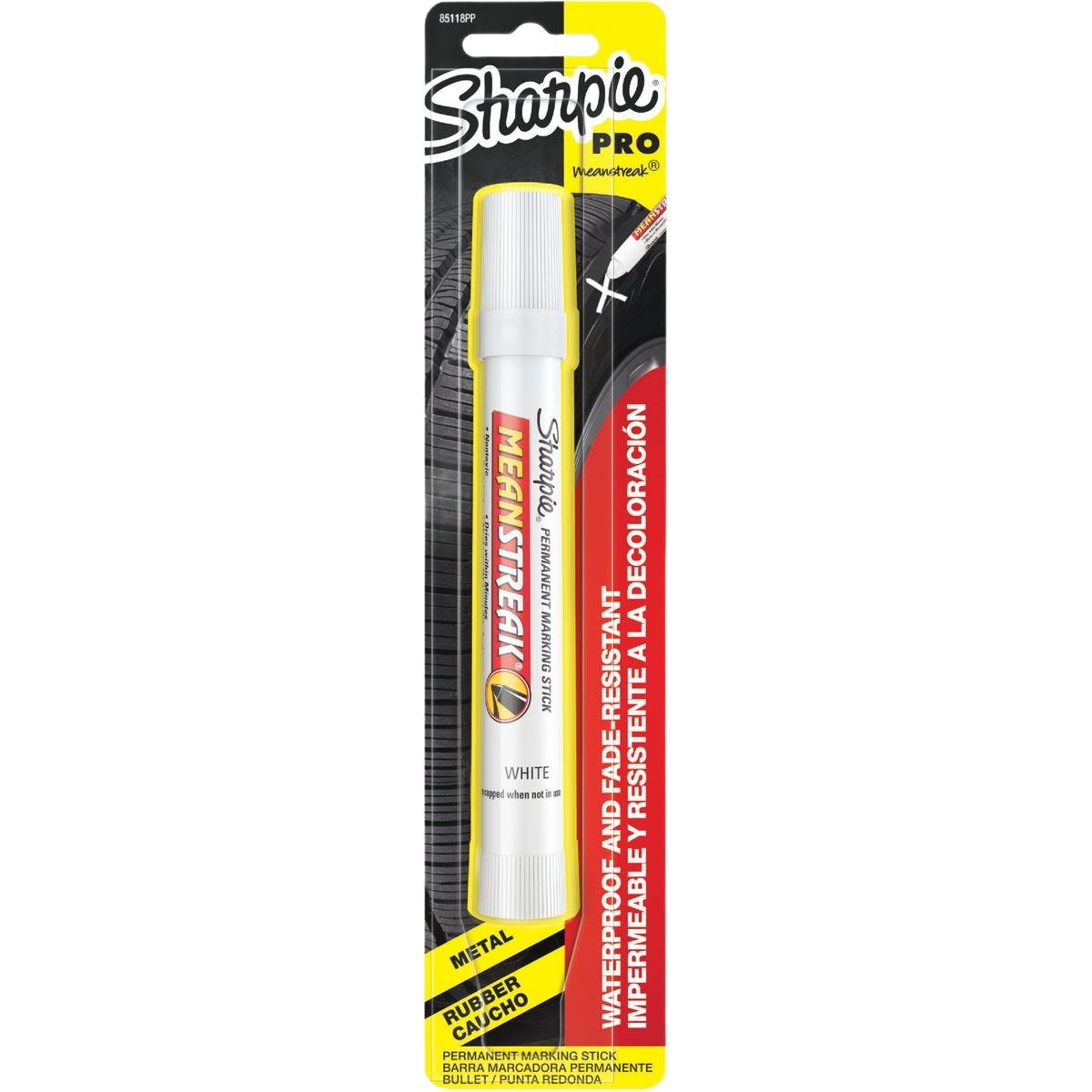 White Sharpie Meanstreak marker in packaging for permanent waterproof and fade-resistant marking on metal and rubber surfaces