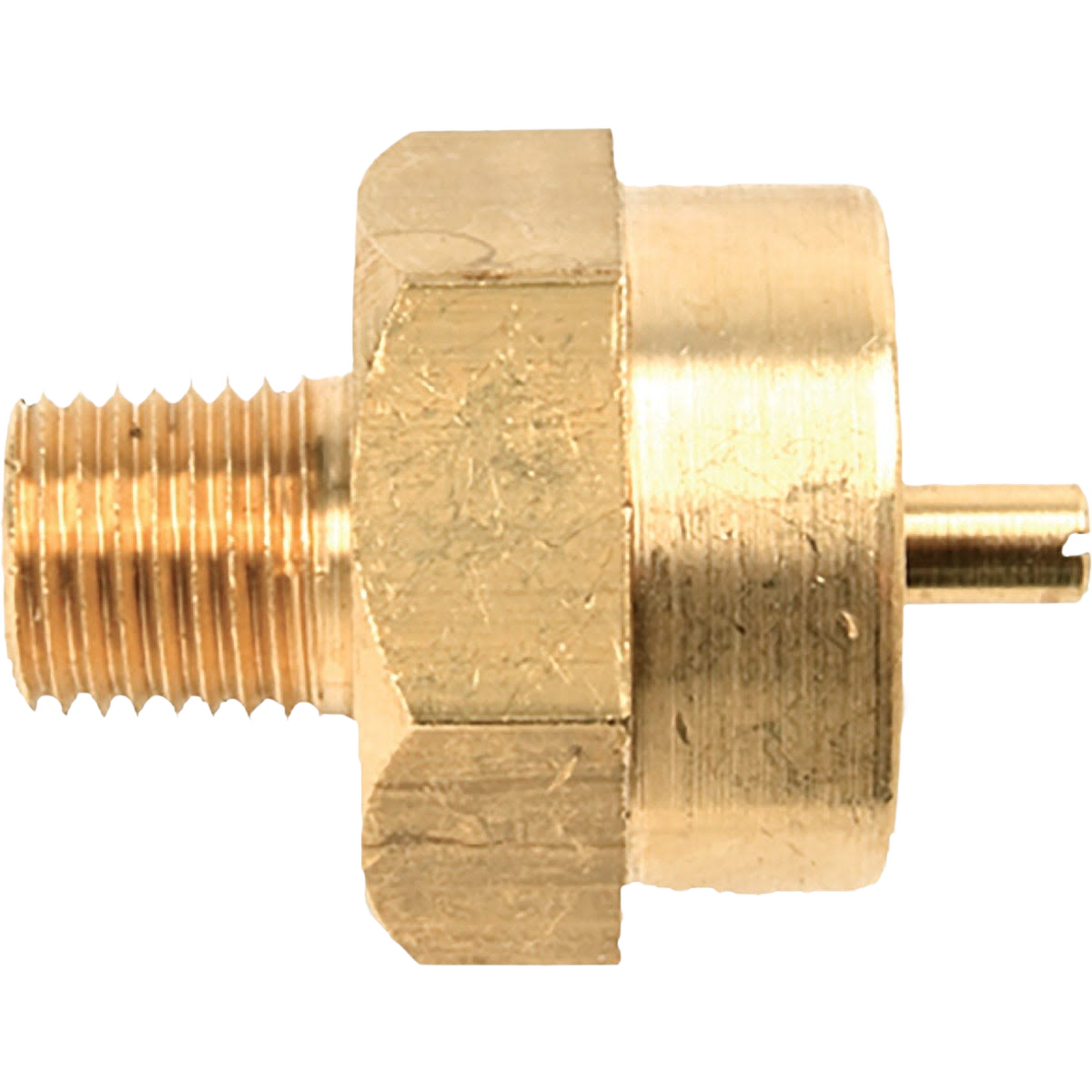 Brass propane cylinder adapter with male and female threaded ends for grill accessories and outdoor living collections