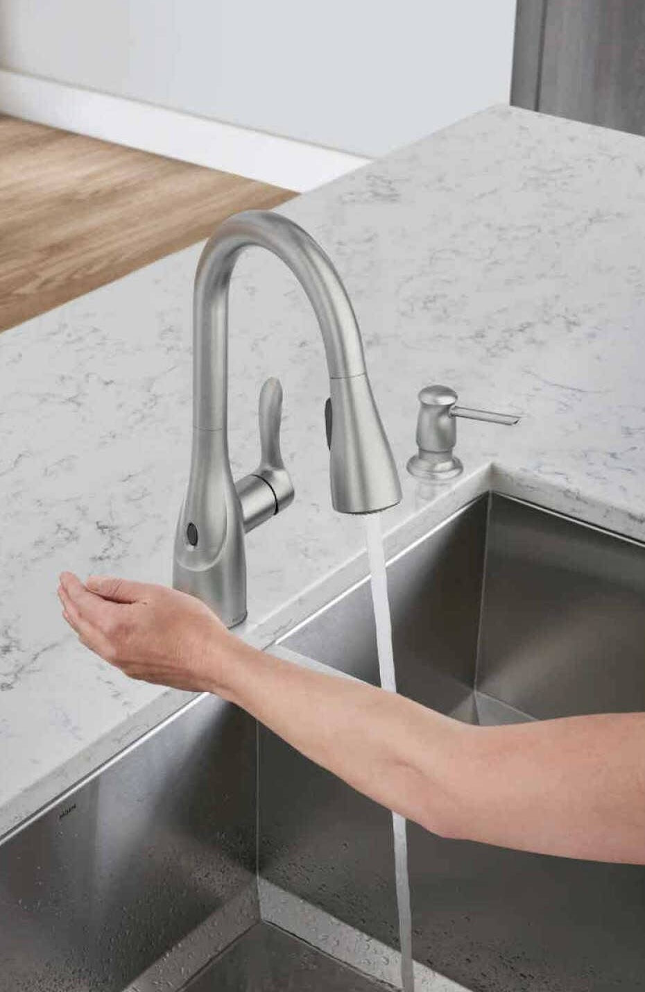 Brushed stainless steel single-handle pulldown kitchen faucet with touchless sensor for modern home improvement projects