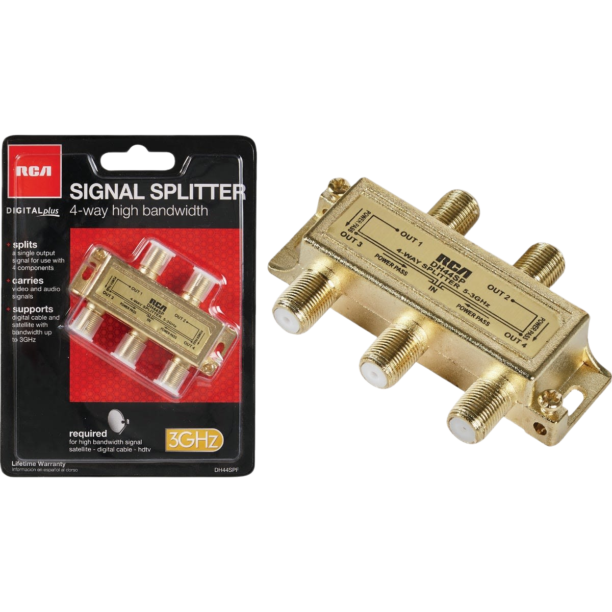 Metal 4-way coaxial splitter for home improvement use with multiple output ports and high bandwidth support