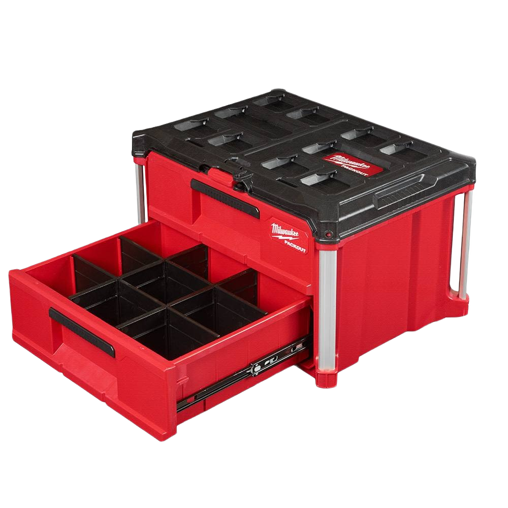 Red and black Milwaukee 2-drawer tool organizer with compartment dividers for tools and home improvement use