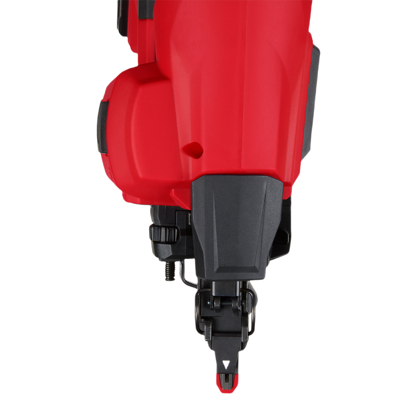 Close-up of red and black 15-gauge angled finish nailer tip for precise fastening in home improvement projects