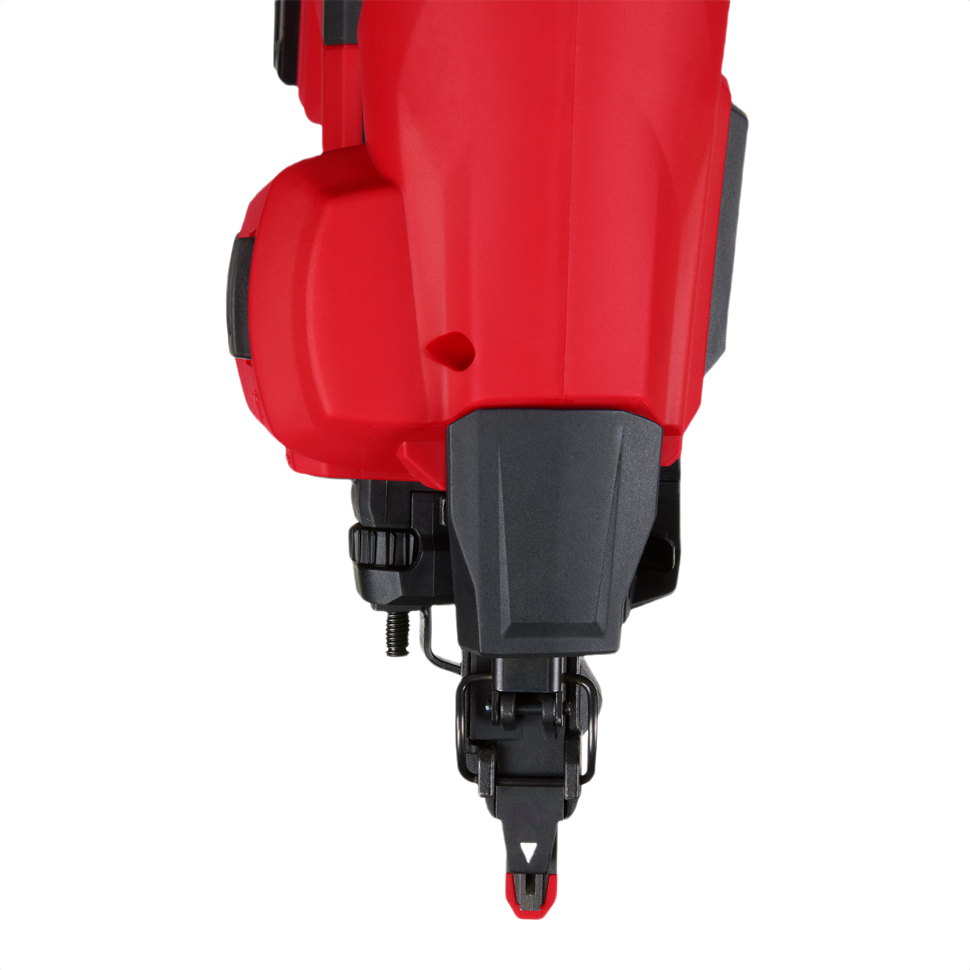 Close-up of red and black 15-gauge angled finish nailer tip for precise fastening in home improvement projects